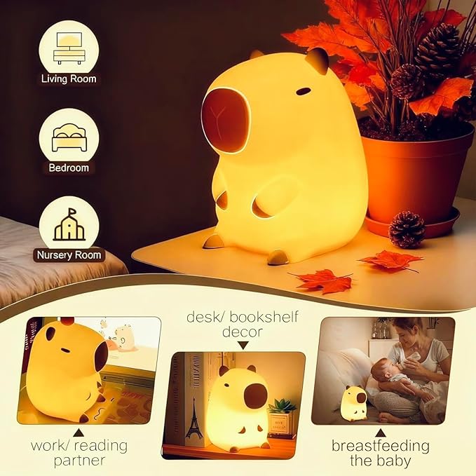 Capybara Cute Night Light, Squishy Capybara Lamp Xmas Gifts Toys, Rechargeable LED Dimmable Silicone Nightlight for Kids, Funny Light Up Capibara, Baby Nursery College Dorm Fall Décor - Bloomnest