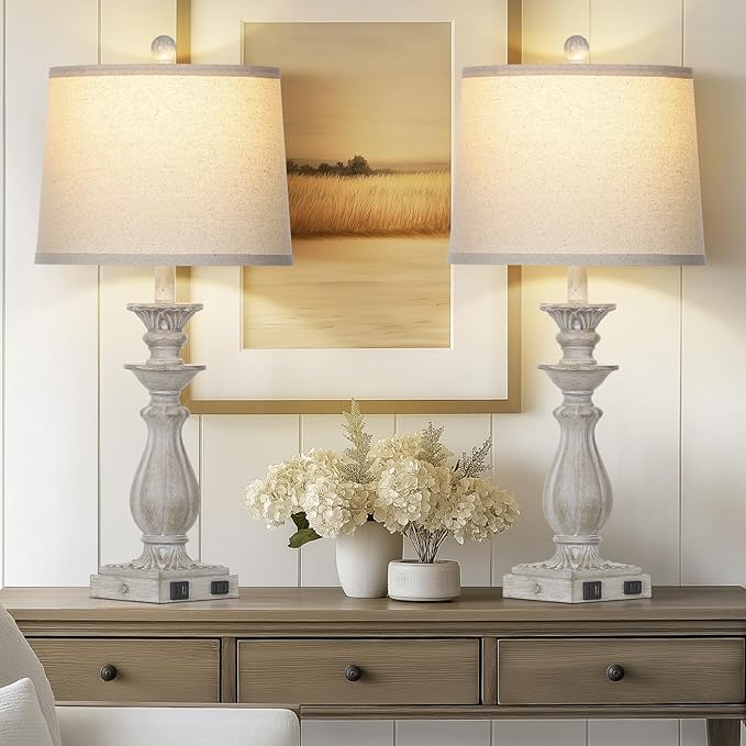 28" Farmhouse Table Lamps for Living Room Set of 2, 3-Way Dimmable Touch Bedside Lamps with USB C+A Ports & AC Outlet, Resin Vintage Tall Nightstand Lamps for Bedroom Office End Table, Grey - Bloomnest