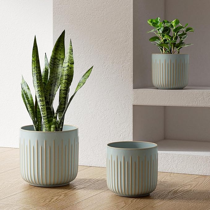 LE TAUCI Fluted Ceramic Planters Set of 3 – 8.3/7 / 5.7 in Blue Gray Reactive Cylinder Indoor Plant Pots with Drainage Plug & Mesh, Glossy Stoneware Flower Pots for Succulents Herbs - Bloomnest