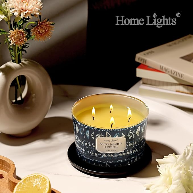 HomeLights Scented Candles for Women & Men, 18oz Candle Jars Aromatherapy 4-Wick Candle, Ideal for Bohemian Natural Textures Home Decor and Gifts, White Jasmine Tuberose - Bloomnest