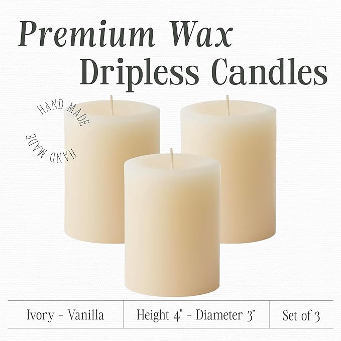 Mister Candle Dripless Vanilla Scented Ivory Pillar Candles Set of 3, Hand Made Vanilla Pillar Candles with Essential Oils for Home Decor, Premium Wax, 60 Hr Burn Time (3x4 inch) - Bloomnest