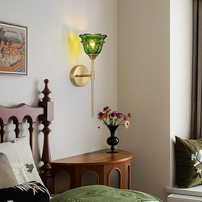 2 Pack Gold Wall Sconce with Green Glass Shades, Modern Mid Century Bathroom Vanity Wall Light Fixtures, Industrial Brushed Brass Wall Lamp, for Bedroom Mirror Living Room, ETL Listed - Bloomnest