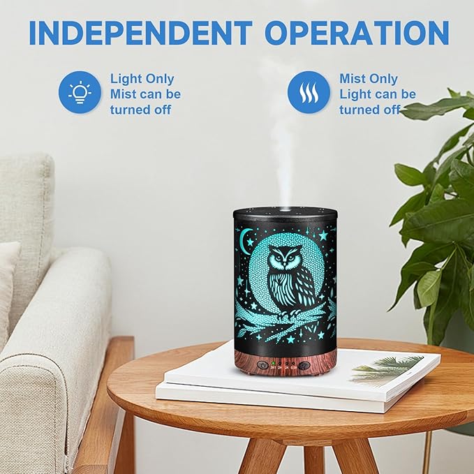 Essential Oil Diffuser 120ML Metal Aromatherapy Diffuser with Timer, Cool Mist Humidifier with Auto Shut-Off & 7 Color Lights for Home Office Spa (Owl) - Bloomnest