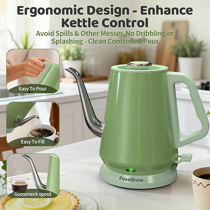 Gooseneck Electric Kettle(0.8L),1200 Watts Fast Boiling,Stainless Steel BPA Free,Automatic Shut Off,Pour Over Kettle for Small Kitchen,RV,Trip,Coffee & Tea- Green - Bloomnest