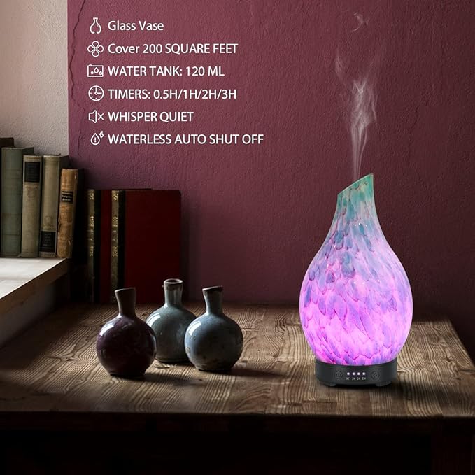 Essential Oil Diffuser 120ml Ultrasonic Aromatherapy Diffuser with Handmade Glass BPA Free, Auto Shut-Off 4 Timer Setting 7 Colors Changed LED for Home Yoga Office (Cobblestone) - Bloomnest