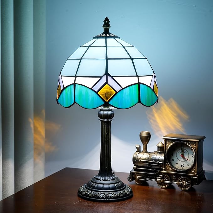 Sky Blue and White Lamp Small Tiffany Lamps Bedside Nightstand for Bedroom Dector Light Stained Glass Table Lamp Living Room Kitchen Night Lamp Farmhouse Cute 8 Inch Aesthetic Mediterranean Desk Lamps - Bloomnest