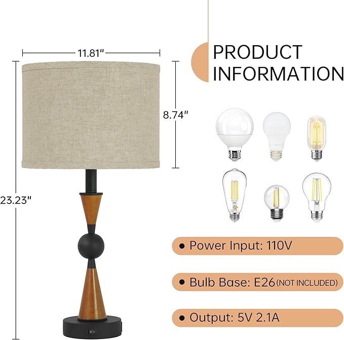 23'' Modern Table Lamps Set of 2 - Farmhouse Bedside Lamps for Bedroom with USB A+C, Wooden Lamps for Night Stands, Lamp for Living Room End Tables - Bloomnest