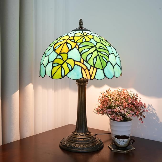 Tiffany Lamp Monstera Deliciosa Style Stained Glass Table Lamp Vintage Monstera Swiss Cheese Plant Bedroom Bedside Light for Home Dorm Office Art Craft Antique Decor 12x12x19 Inches - Bloomnest