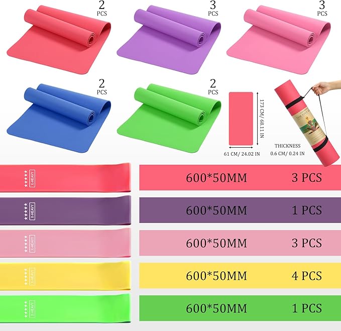 Hoolerry 36 Pieces Yoga Mats Sets Includes 12 Pcs Yoga Mats Bulk 68” x 24” x 6mm Thick Exercise Mat Non Slip 12 Resistance Bands 12 Carrying Straps for Women Girls for Gym Pilates - Bloomnest