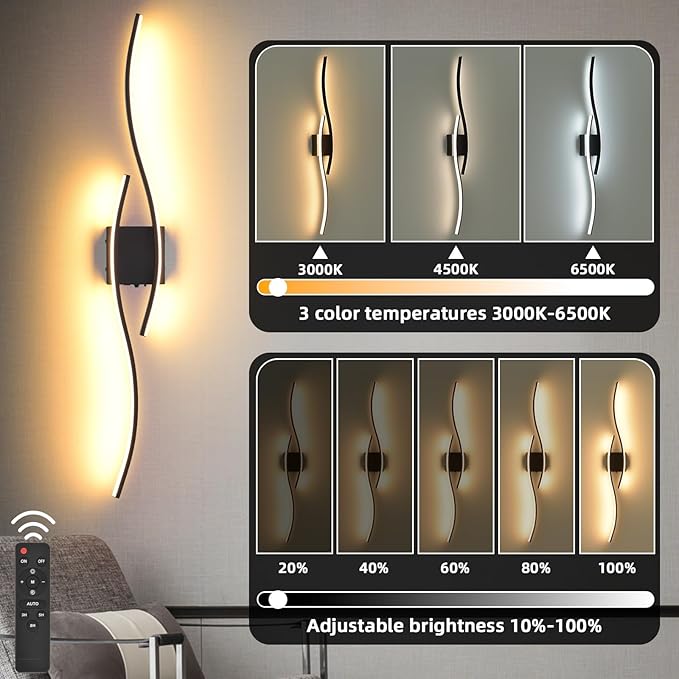 Battery Operated Wall Sconces Set Of Two, 3000K-6500K 39 inch black LED dimmable wireless wall sconce with remote control, USB rechargeable wall lights for Living Room Bedroom Hallway Background - Bloomnest