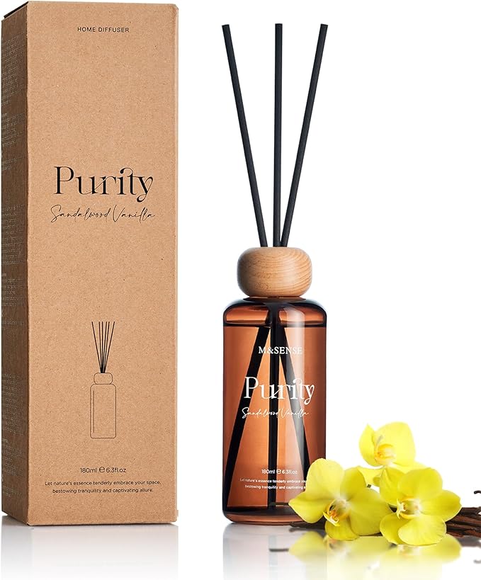 M&SENSE Reed Diffuser Set, Sandalwood Vanilla Scented 6.3 fl oz Natural Essential Oil Diffusers with Sticks, Non-Toxic Organic Air Freshener, Long-Lasting Fragrance Oils for Bedroom Gifts for Women MSENSE