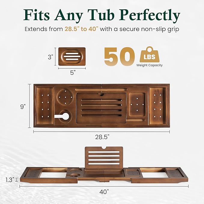 Bamboo Bathtub Tray, Bath Caddy with Wine Glass Holder, Phone Dock & Book Stand | Hands-Free Reading & Ultimate Spa Relaxation Experience-Brown - Bloomnest