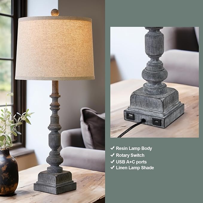 Oneach 27.75" Vintage Farmhouse USB A+C Table Lamps Set of 2 for Living Room Traditional Bedside Lamps for Bedroom Office Mid Century Table Lamp Antique Grey Accent Rustic Lamps for End Table - Bloomnest
