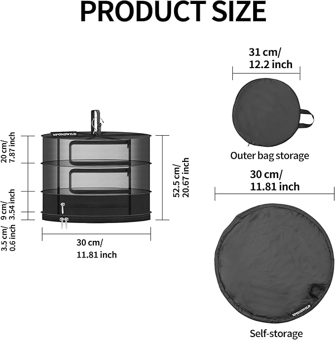 Herb Drying Hanging Mesh Rack - 1ft Diameter (D12xH21 inch) 2+1 Layer, Foldable Plant Drying Net with U-Shaped Zipper & Storage Pouch - for Herbs, Plants, Flowers, Fruits, Food - Bloomnest
