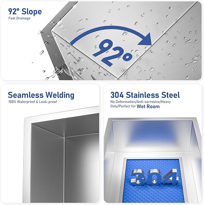 Stainless Steel Shower Niche 24" X 12" Brushed No Tile Needed Niche Shower Recessed Wall Horizontal Niches for Bathroom Storage Over Mount Installation - Bloomnest