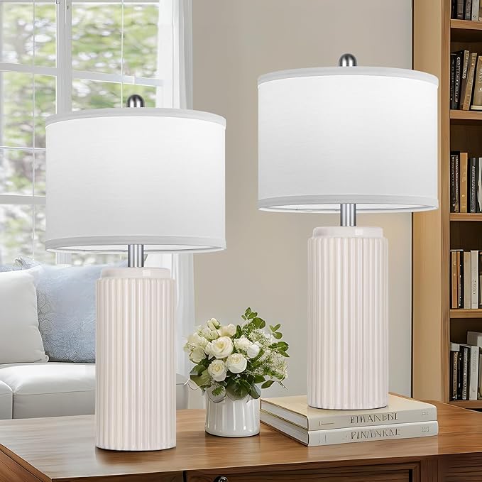 TOBUSA 23.5’’ Modern Ceramic Table Lamps Set of 2 for Living Room, Farmhouse Vintage Bedside Table Lamps with White Linen Shade, Rustic Bedroom Ceramic Lamps for Nightstand Home Office End Table Dorm - Bloomnest