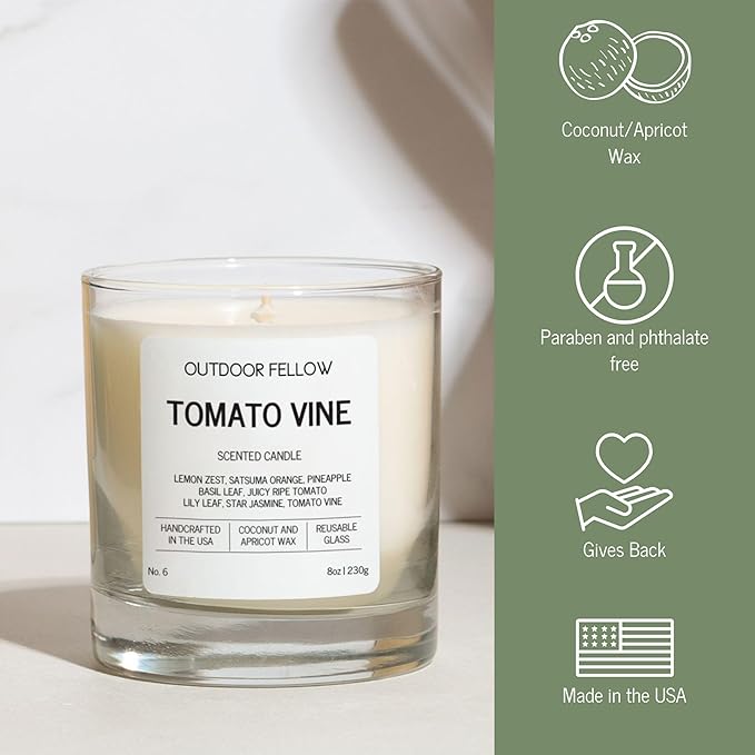 Outdoor Fellow Tomato Vine Scented Candle – 8oz Coconut Wax Blend – Strong Scent Throw – Inspired by Backyard Tomato Plants – Luxury Tomato Leaf Candle in Reusable Glass Jar - Bloomnest