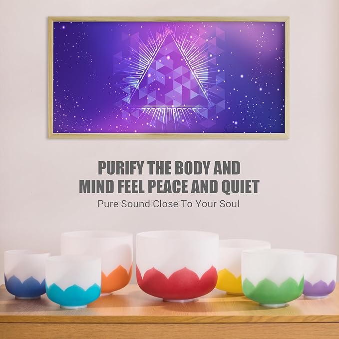 6-12 inch Lotus Design Colored Rim Chakra Tuned 432hz Set of 7 Quartz Crystal Singing Bowls with Heavy Duty Carrying Cases and Singing Bowl Mallet Suede Strikers