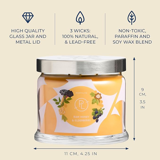 PartyLite Raw Honey & Elderberry Scented, Notes of Alpine Elderflower, Soft Jasmine & Golden Amber, 13.2oz 3-Wick Jar Candle, 45 Hour Burn Time, Luxurious Fragrance, Ideal for Gifting - Bloomnest