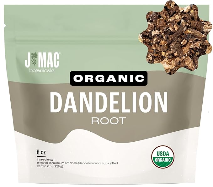 J Mac Botanicals Organic Dandelion Root (8 oz) unroasted, herb for tea and other infusions, Packaged in the USA, Certified USDA Organic - Bloomnest
