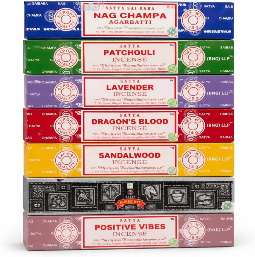 Satya Incense Gift Set Nag Champa, Super hit, Dragon's Blood, Sandalwood, Patchouli, Lavender, Positive Vibes, 15 g Satya
