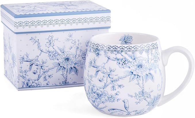 Bone China Blue Flowers Big Belly Mug 14.54 oz (430 ml) in Gift Box, Coffee Tea Mug - Bloomnest