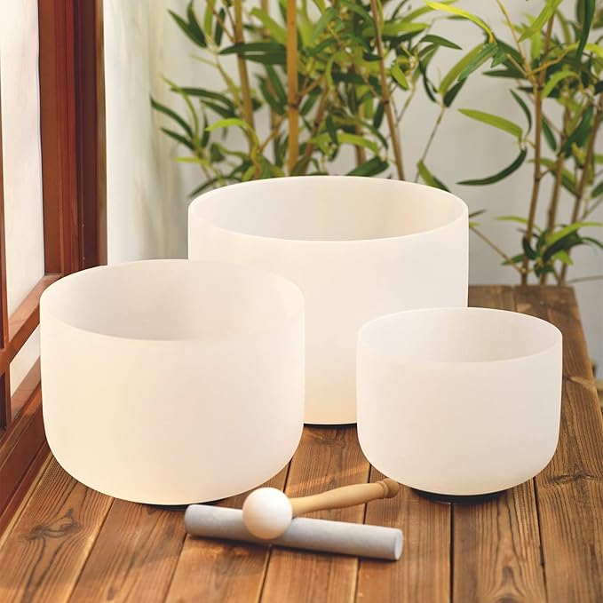 KVKA Set of 3pcs Chakra Frosted Quartz Crystal Singing Bowls Set 8-12 inch with Carrying Case - 12''C 10''F 8''B for Yoga Sound Healing