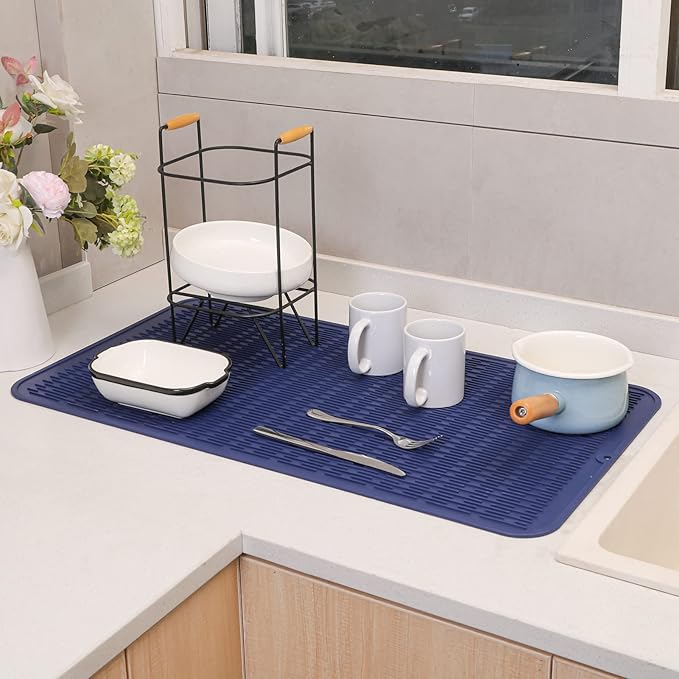 Silicone Dish Drying Mat for Multiple Usage,Easy clean,Eco-friendly,Heat-resistant Silicone Mat for Kitchen Counter or Sink,Refrigerator or Drawer Liner Navy Blue 4XL 32 inches x 18 inches - Bloomnest