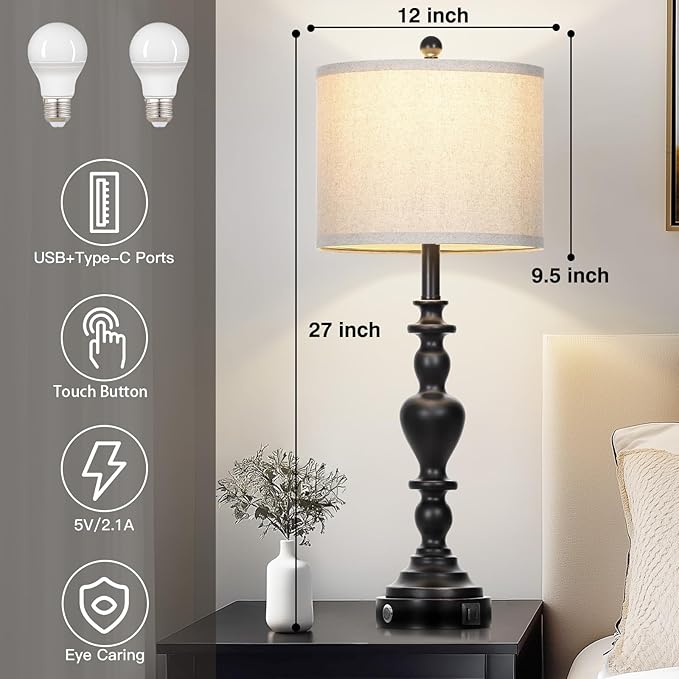 27" Vintage Table Lamps for Living Room Set of 2, Farmhouse Rustic Nightstand Lamps with USB C+A Ports, 3-Way Dimmable Bedside Lamp for Bedrooms Office Dorm, 2 LED Bulbs Included Washed Antique Black - Bloomnest