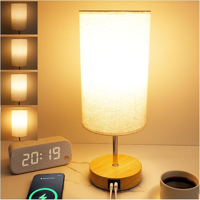 Bedside Table Lamp for Bedroom - 4 Way Dimmable Touch With USB and Type-C Charge Port, Small Wood Base Round Flaxen Fabric Shade for Living Room (Yellow Color Base) - Bloomnest