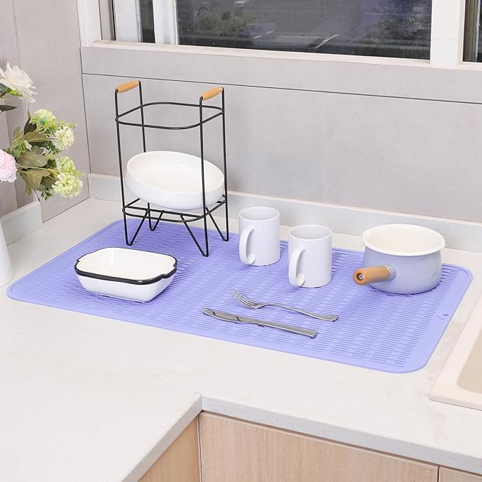 Silicone Dish Drying Mat for Multiple Usage,Easy clean,Eco-friendly,Heat-resistant Silicone Mat for Kitchen Counter or Sink,Refrigerator or Drawer Liner Light Purple 4XL 32 inches x 18 inches - Bloomnest