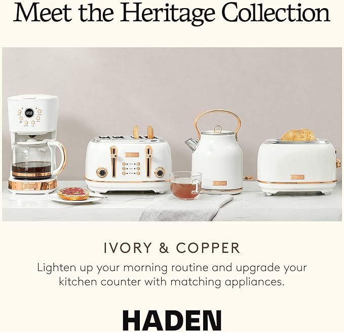 Haden Heritage 1.7 Liter Stainless Steel Electric Kettle, Hot Water Kettle with 360-Degree Base and Auto Shutoff, Ivory & Copper - Bloomnest