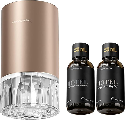 Airversa Waterless Essential Oil Diffuser Starter Kit with 2x30mL Hotel Scent Fragrance Oil for Home Room Desk Car, Battery Operated Scent Air Freshener Diffuser, 100mL Capacity, RD1 Kit Titanium - Bloomnest