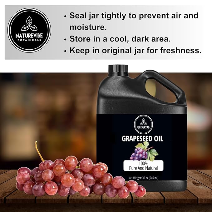 Naturevibe Botanicals Grapeseed Oil 32oz | 100% Pure Cold-Pressed & Lightweight Carrier Oil | Non-Greasy Natural Moisturizer for Skin, Hair, Face, Nails & Massage | Hexane-Free, Fresh & Versatile - Bloomnest