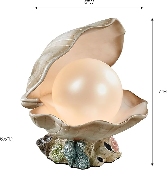 Clamshell Pearl Accent Lamp Night Light Ivory - Handcrafted Resin Clam - Coastal Style Lighting - Nautical Theme - Ocean Nightlight Bulb Included with Beach Shell Decoration - 7 Inches High - Bloomnest