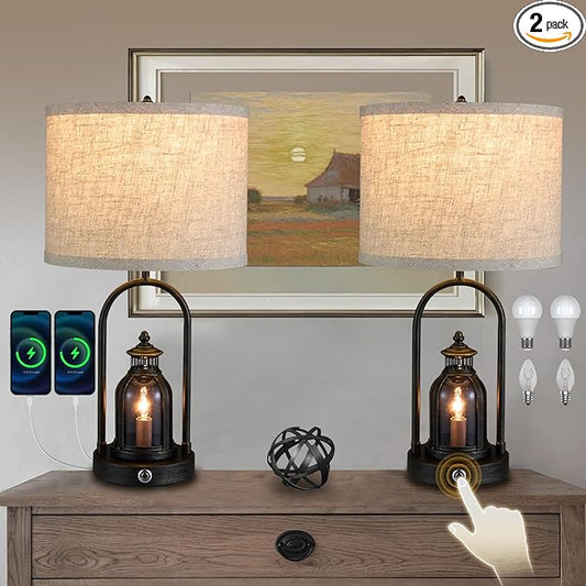Farmhouse Lantern Table Lamps for Living Room Set of 2, Rustic Vintage Bedroom Nightstand Beside Desk Lamp with 2 USB Charging Ports,Dimmable Touch Night Light,4 Bulbs Included (Black) - Bloomnest