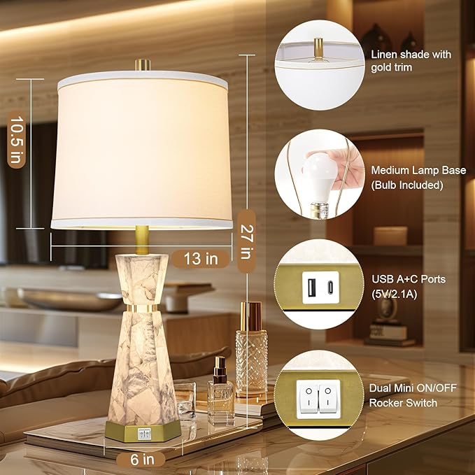 Natural Alabaster Table Lamp,Living Room Lamps Set of 2,Nightstand Lamp with Night Light,Lamps for Living Room With Linen Fabric Shade,Bedside Lamp with Usb A+C Ports for Bedroom,Hotel(Bulb Included) - Bloomnest