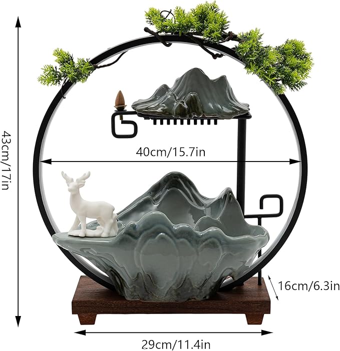 Waterfall Fountain with LED Light, Desktop Water Fountain with Mist Maker & Backflow Incense Burner, Green Ceramic Base with White Deer, Zen Indoor Fountain Decor for Home Office Desk