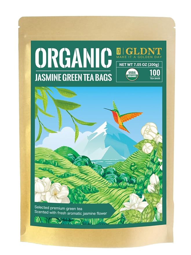 GLDNT Organic Jasmine Green Tea Bags, Organic Green Tea Scented with Jasmine Flowers, Floral Aroma & Smooth Taste, 100 Count - Bloomnest