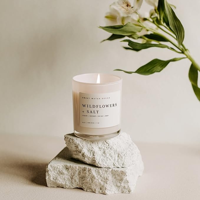 Sweet Water Decor Wildflowers and Salt Soy Candle - Jasmine, Rosemary, Sea Salt, and Honey Scented Spring Candle for Home - 11oz Jar Candle with Wood Lid, 50+ Hour Burn Time, Made in The USA - Bloomnest