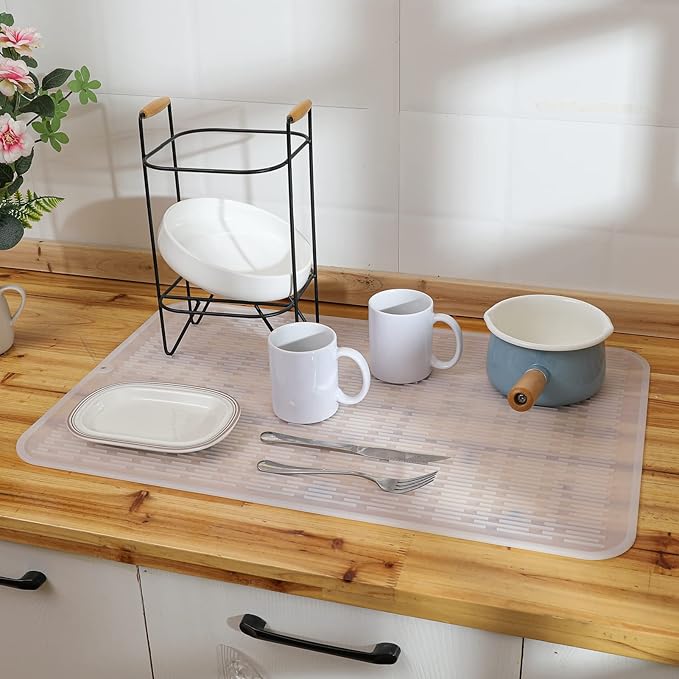 Silicone Dish Drying Mat for Multiple Usage,Easy clean,Eco-friendly,Heat-resistant Silicone Mat for Kitchen Counter or Sink,Refrigerator or Drawer Liner Translucent 3XL 28 inches x 18 inches - Bloomnest