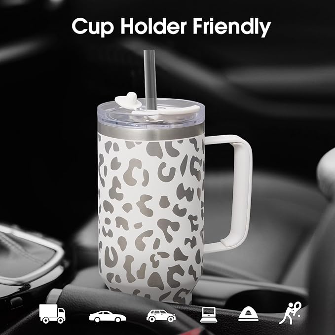 COKTIK 40 oz Tumbler With Handle and Straw Lid, Vacuum Insulated Travel Coffee Mug Stainless Steel Insulated Cup for Beverages, Leak-proof, Cupholder Friendly (Cream White Leopard) - Bloomnest
