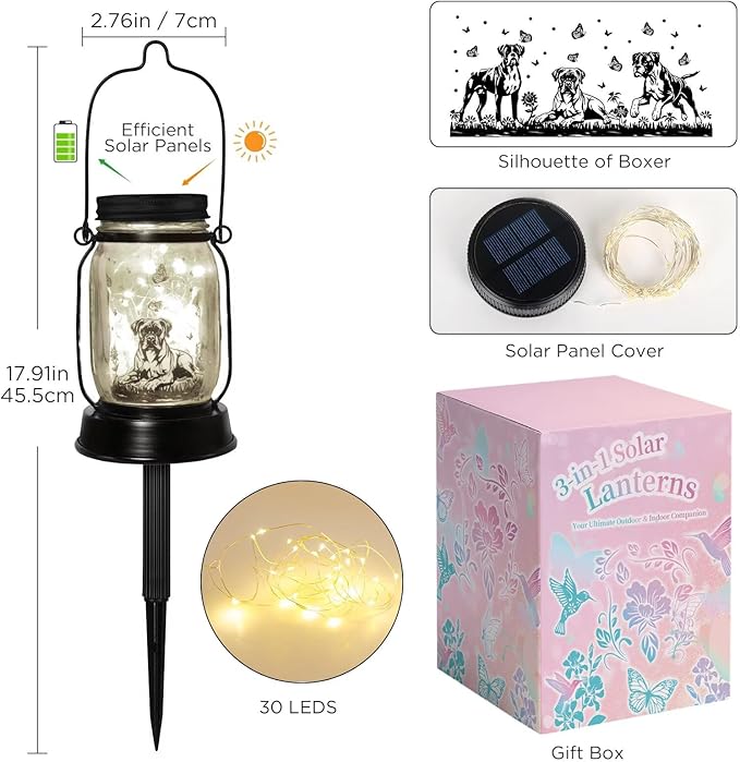 kyoryuger Boxer Dog Gifts for Women/Men Boxer Dog Lovers Solar Lantern Mom Birthday, Mothers Day, Solar Garden Decoration Outside for Yard, Patio,Backyard,Porch, Torches - Bloomnest