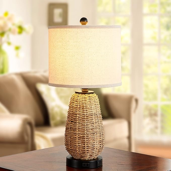 Touch Control Rattan Table Lamps, 3 Way Dimmable Bedside Lamps for Bedroom Set of 2 with 2 USB Ports and AC Outlet, Grass Rope Nightstand Lamps for Living Room Office (2 LED Bulbs Included) - Bloomnest