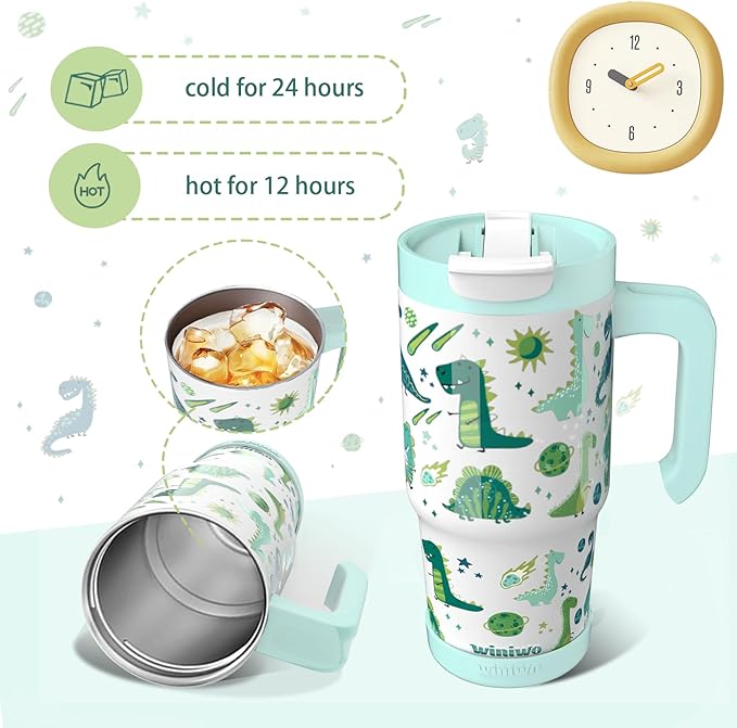 22 oz Tumbler with Handle for Kids, Easy to Hold, Spill-proof, Insulated Cups with Sip/Swig 2-in-1 Lid, Fit Most Car Cup Holders,School, Home,travel,Green Dinosaur - Bloomnest