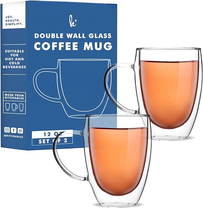 Kitchables Double Walled Glass Coffee Mugs Set of 2, 12oz - Insulated Glass Coffee Mugs for Cappuccino, Latte, Tea, Espresso - Latte Cup - Tazas Para Cafe - Bloomnest
