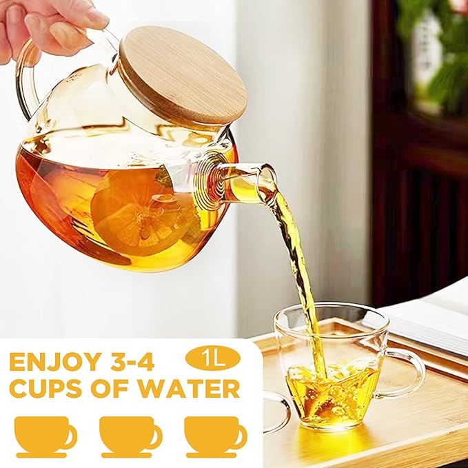 Glass Tea Pot Kettles Stovetop Safe, 33.8oz/1000ml Heatproof Borosilicate Glass Teapot Water Pitcher With Bamboo Lid and Removable Filter Spout for Loose Leaf and Blooming Tea - Bloomnest