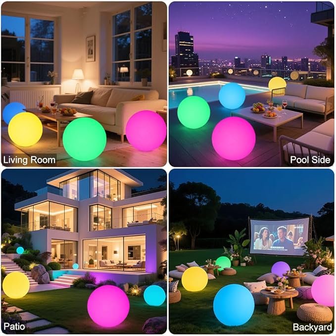 20-in LED Glowing Ball Light, Large Rechargeable LED Globe Orb Light w/Remote, Dimmable RGB Color Changing Globe Floor Lamp, Indoor/Outdoor Waterproof Mood Lamp for Home Garden Patio Lawn Party Decor - Bloomnest