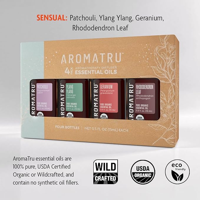 Sensual Essential Oil Kit – Patchouli, Ylang Ylang, Geranium, and Rhododendron Leaf – Organic & Wildcrafted – ISO Certified – No Synthetic Fillers – Ethically Sourced - Bloomnest