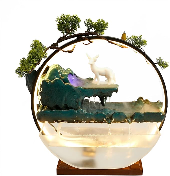 Large Modern Desktop Fountain with Atomizer & Fish Tank, Indoor Waterfall for Living Room, Office, Bedroom Decoration, Relaxing Table Top Fountain with LED Light - Bloomnest